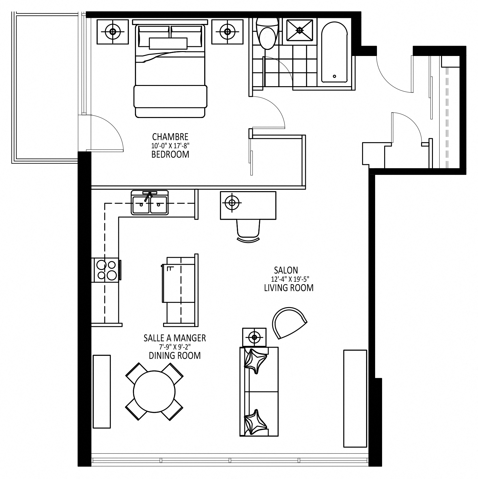 Floor plan for 1 bed, 1 bath, 750 sqft